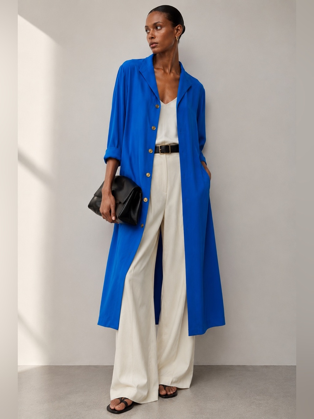 Vintage Blue Silk Gold Button Down Duster Brand YL By Yair Size 16